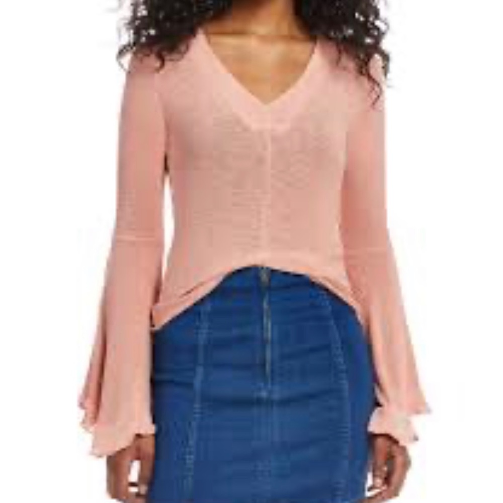 Free people soo dramatic pink/ROSE flare sleeve v-neck top womens (size SMaLl)